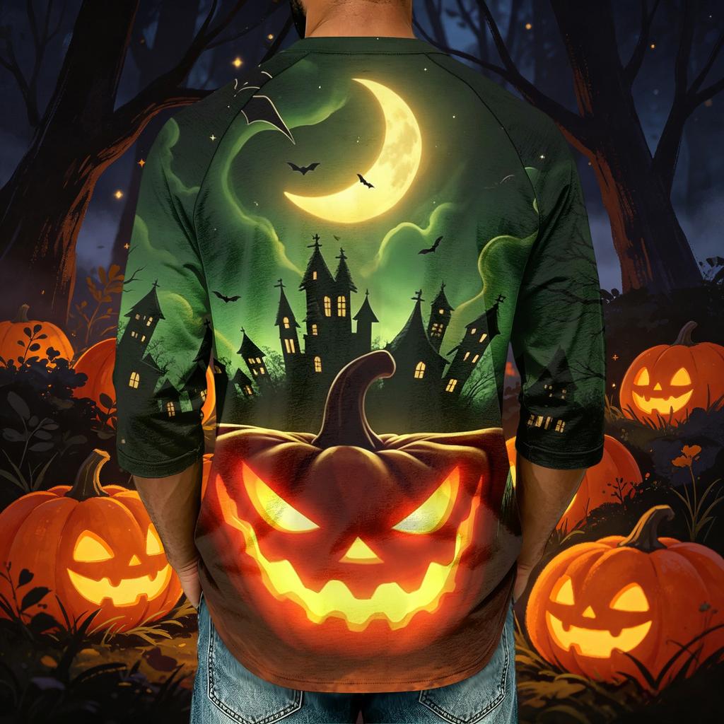 Men's Casual Shirt with Raglan Three-Quarter Sleeve, Halloween Graphic Print