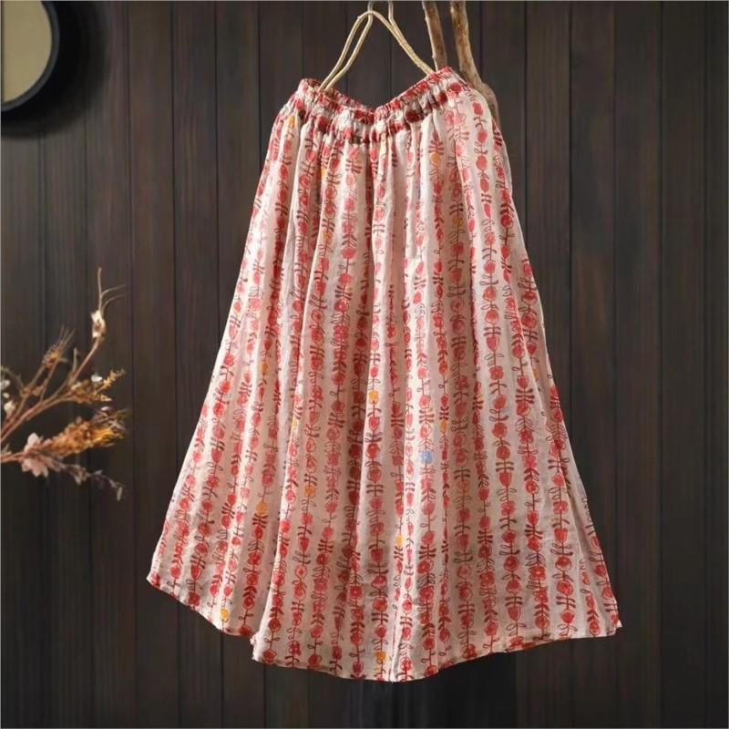 Johnature Women Vintage Print Floral Skirts Elastic Waist High Quality Cloths Summer Soft Female Skirts