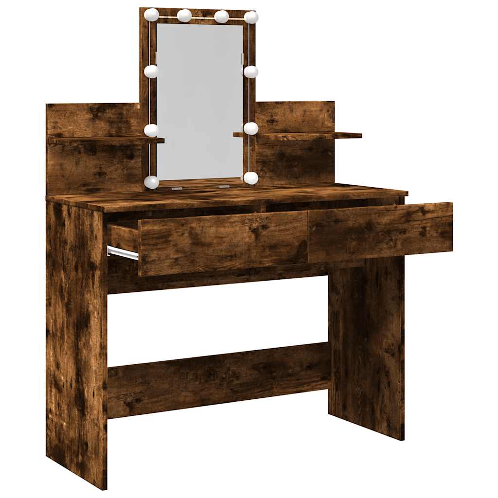 Makeup Vanity with LED Lighting Smoked Oak Finish 100 x 40 x 130 cm