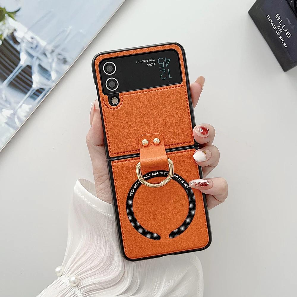 

Flip7 PU Leather Magnetic Phone Case for Samsung Galaxy Z Flip 7 fe 6 5 4 with Ring Holder Magsafe Wireless Charge Galaxy Z Flip5 оранжевый