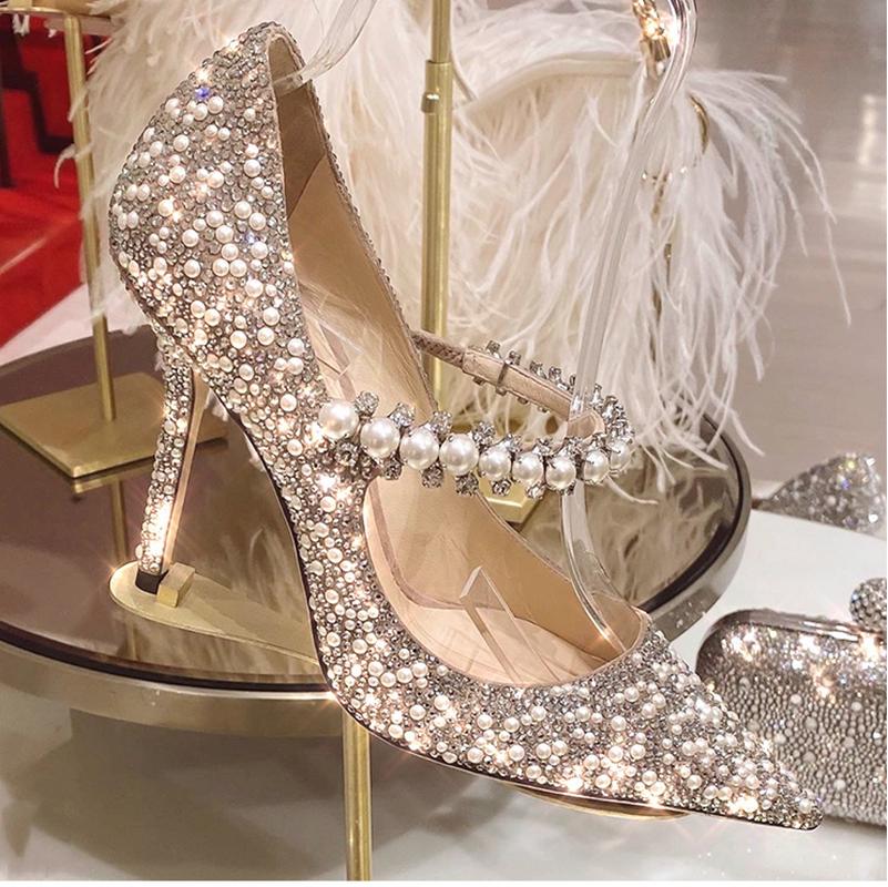 Luxury Brand Women Rhinestone Pumps Pointed Toe Heel String Bead Wedding Shoes Women Elegant Design High Heels Ladies Pumps