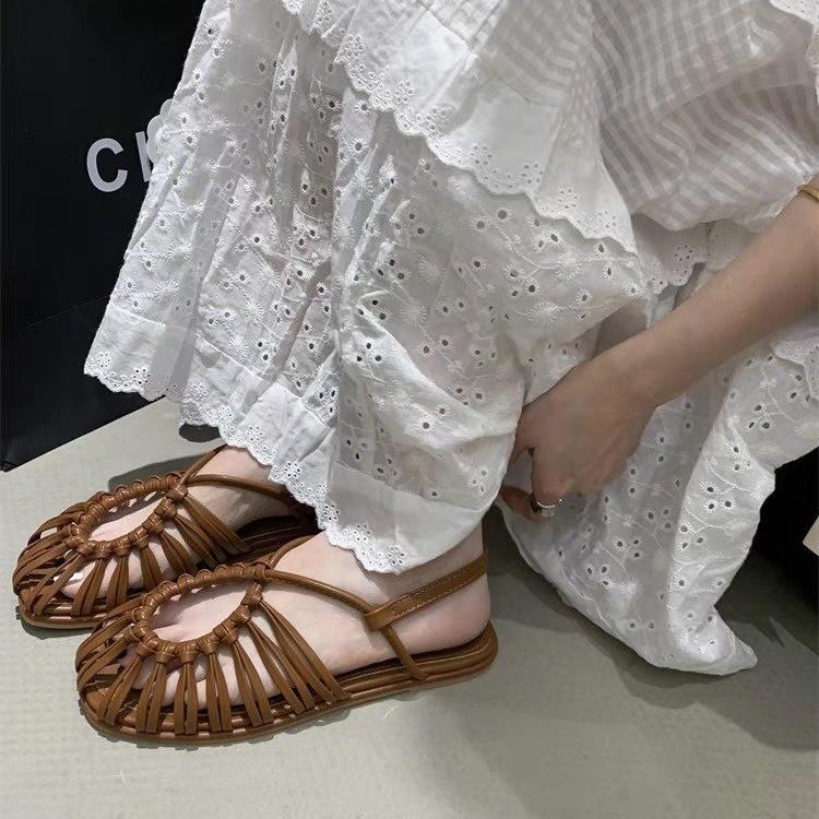 Fashion Retro Open-toe Thin Strap Woven Straw Sandals, One-strap Fashion Roman Shoes, Summer 2025 Fashionable and Versatile Flat Sandals