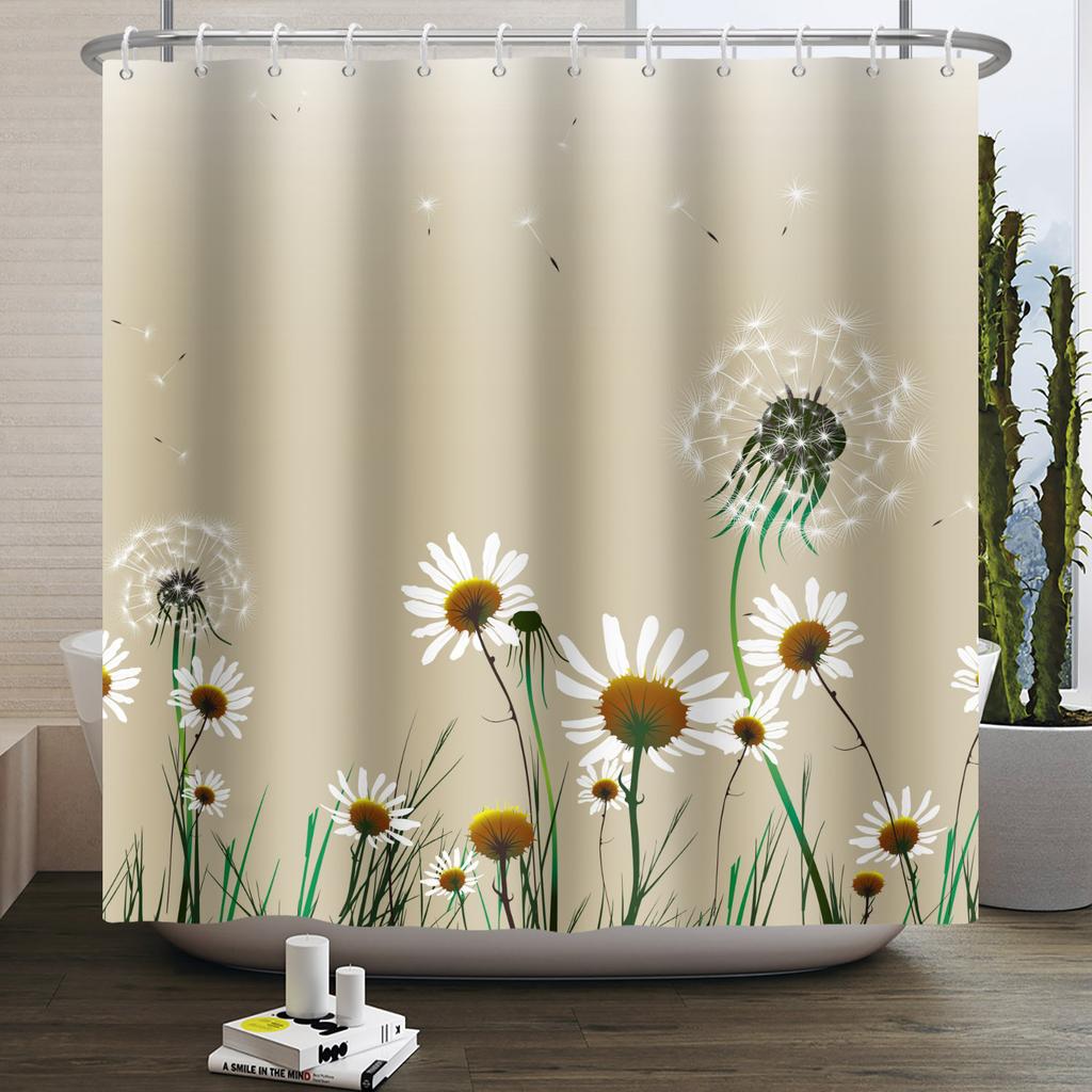 Dreamy Nature Dandelion Shower Curtain With 12 Hooks Cherry Blossom Background Flying Seed Waterproof Polyester Bathroom Curtain