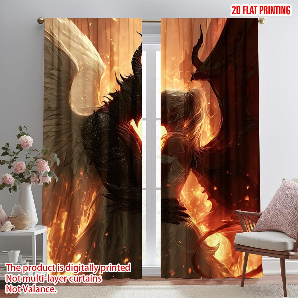 2pcs   Plane Printing Popular Curtain Panels Black Angel and Beauty Versatile 100% Polyester (without Rod) Versatile All