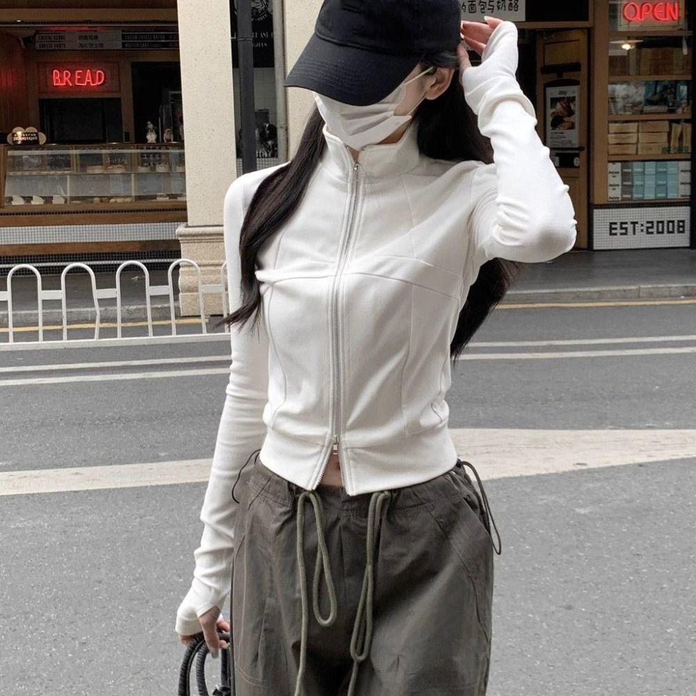 Slim Fit Long Sleeve Shirt Stand-up Collar Crop Tops Women Casual Female Solid Sweatshirt  Women