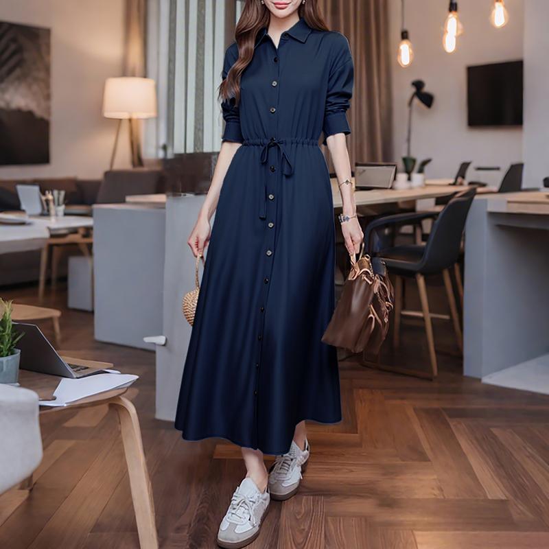 

ZANZEA Women Casual Turn Down Collar Loose Long Sleeve Dress 5XL темно-синього кольору