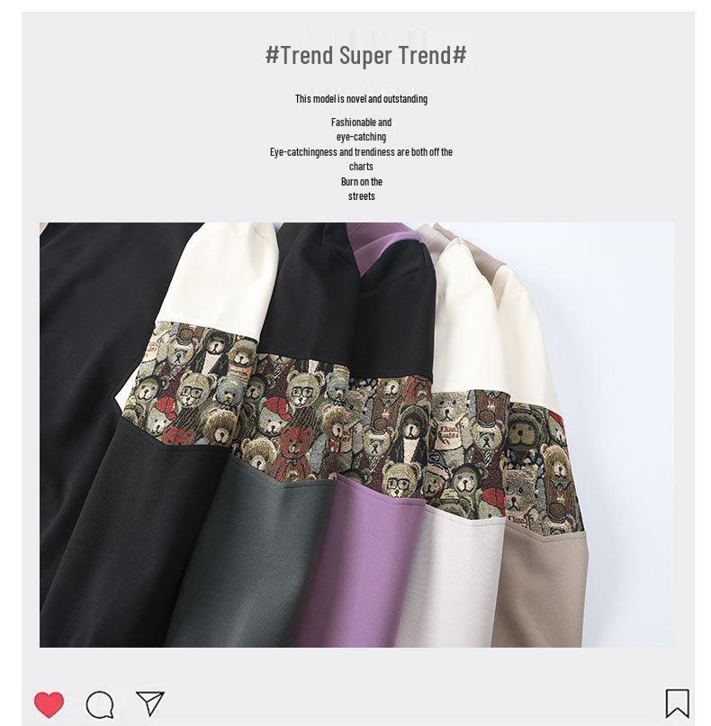 ACU Menswear Fleece-Lined Men's Sweatshirt - Autumn/Winter 2026, Bear Sleeve Patchwork, Jacquard, Round Neck, Color Block Design