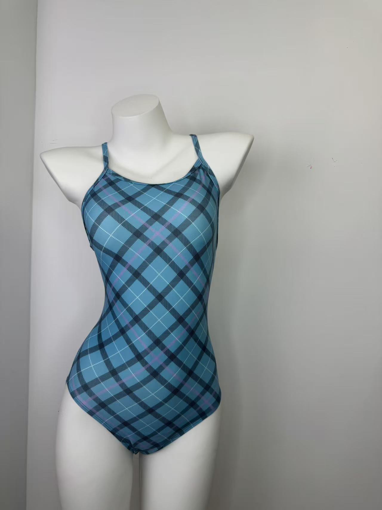 

Single-layer swimsuit blue grid swimsuit retro one-piece racing swimsuit competition for swimming pools XXL