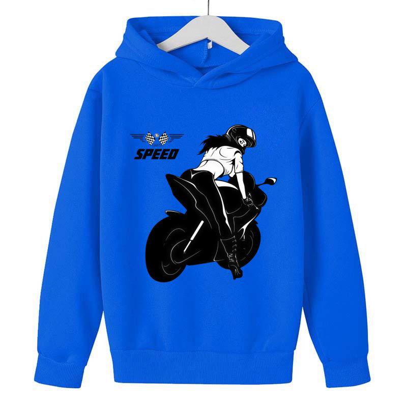 2026 Kids Unisex Hoodie: Black & White Silhouette Female Motorcycle Rider SPEED Racing Theme