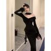 New Black One-word Shoulder Dress Women's Spring and Autumn Senior Sexy Hip-wrapped Dress Dress