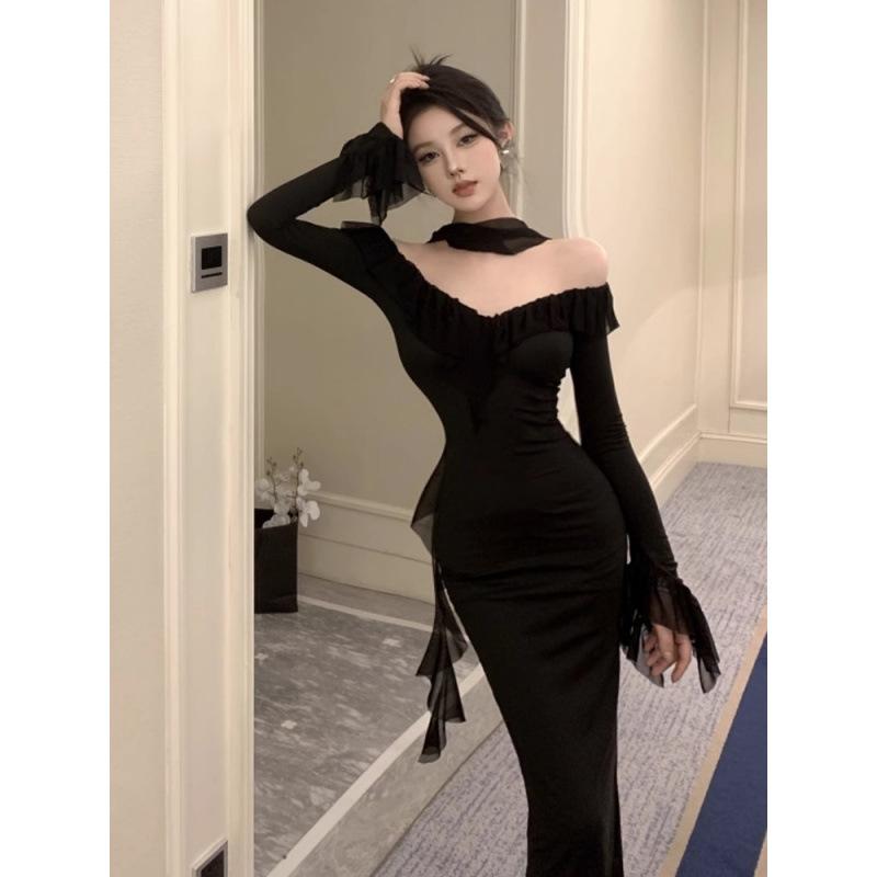 New Black One-word Shoulder Dress Women's Spring and Autumn Senior Sexy Hip-wrapped Dress Dress