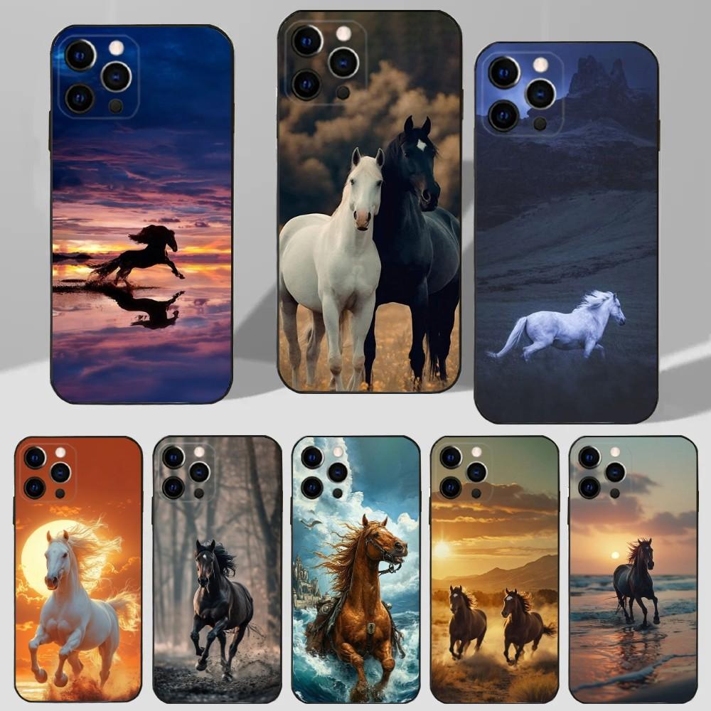 Art G-Galloping Horse Phone Case For iPhone 16,15,14,13,12,11 Plus,Pro Max,XS,X,XR,SE,Mini,8,7 Soft Silicone Black Cover