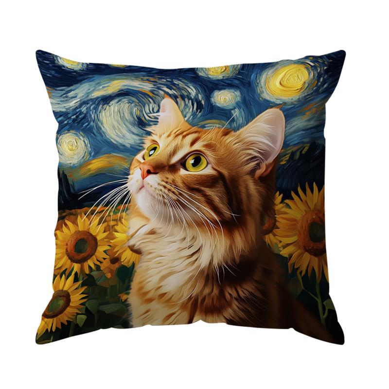 1Pc Cat And Sunflowers Oil Painting Cushion Covers Polyester Pillow Cover For Home Sofa Chair Bed Car Party Table Decoration
