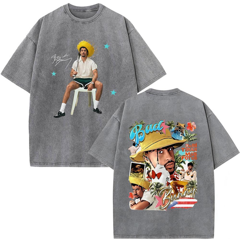 Rapper Bad Bunny Debi Tirar Mas Fotos DTMF Vintage Washed T Shirts Men Women Clothing Fashion Hip Hop ONeck Tshirts Streetwear