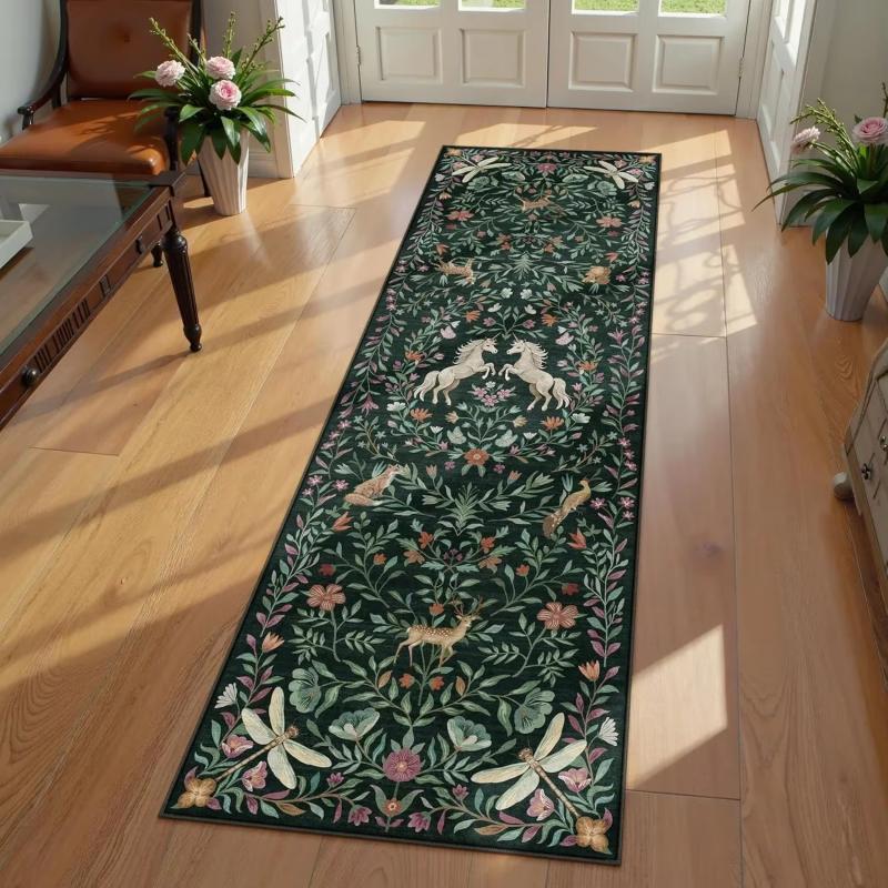 Vintage Forest Creature Floral Long Runner Rug Dark Green Nature Scenic Animal Pattern Non Slip Hallway Bedroom Decor Mat