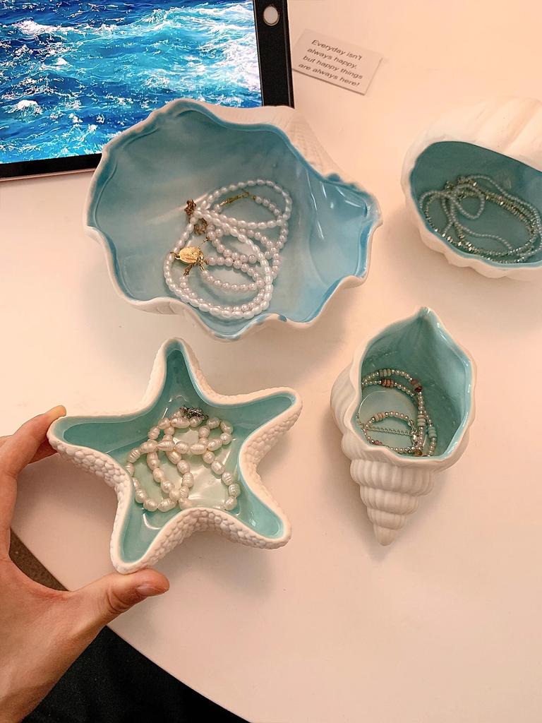 Ocean Shell Conch Sea Star Ceramic Jewelry Box Necklace, Ring Earring, Jewelry Storage Box Desktop Ornament