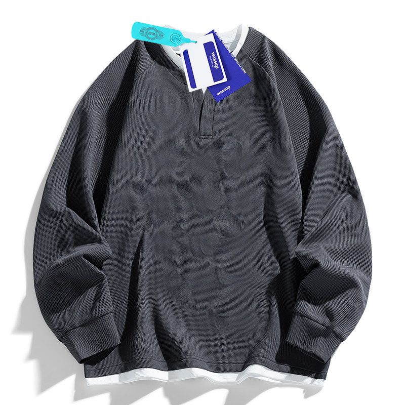 

Wassup American-Style Small V-Neck Fake Two-Piece Sweatshirt for Men, Autumn Trendy Brand Inner Wear Long-Sleeve T-Shirt, Casual Old Money Style Top Gray M
