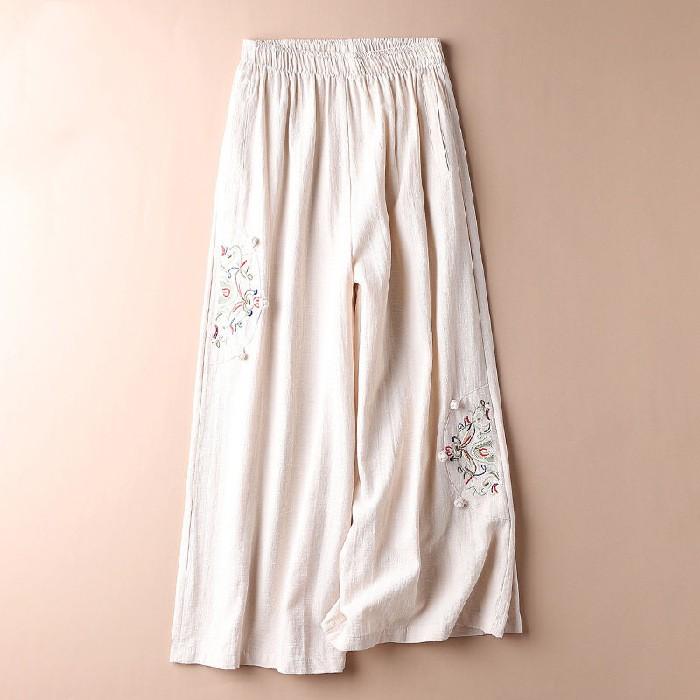 Women's Summer Thin Retro Ethnic Style Cotton and Linen Casual Pants Embroidered Comfortable Wide-legged Pants Nine Pants