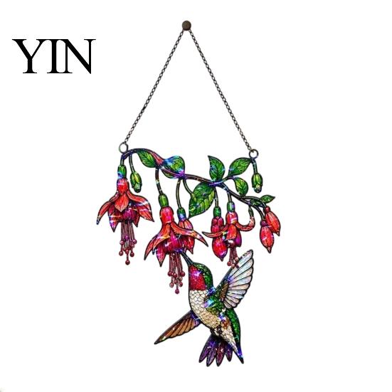 Durable Waterproof Wall Art Hummingbird Window Hanging Pendant, Acrylic Stained Glass Style Suncatcher for Home Transparent Craft Garden Balcony