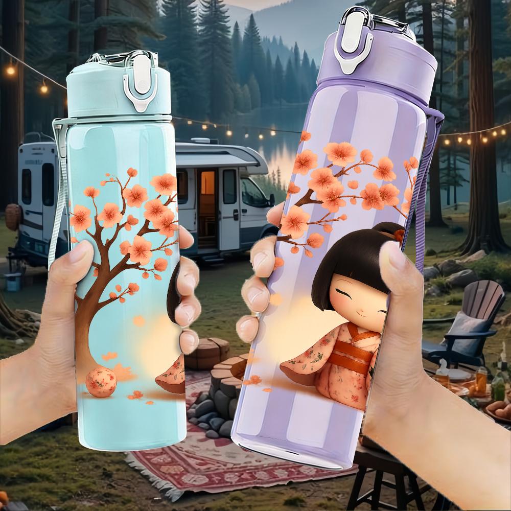 1PC Autumn Tree Little Girl 750ml Color Plastic Sports Water Bottle Leakproof Flip Straw Lid For Sports Office Home Use