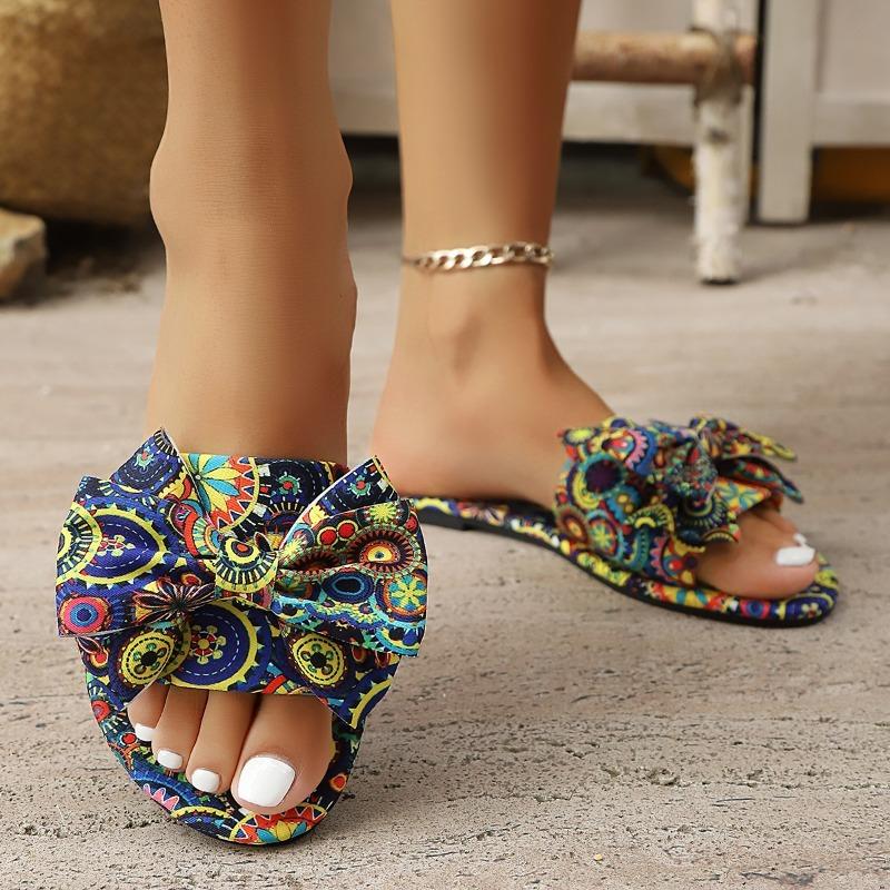 Fashion Plus Size Boho Bow Sandals Round Toe Open Toe Flat Casual Flip Flops Ethnic Style Soft Sole Printed Slippers