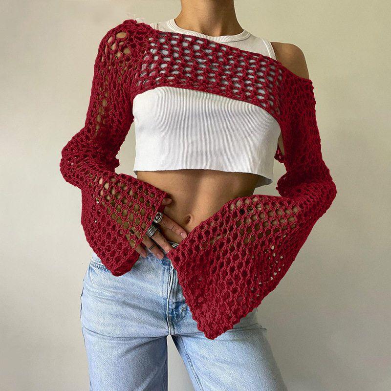 

and American 2025 Spring/Summer New Women s Hand-Knitted Sweater, Casual Ultra-Short Style with Flared Sleeves, Sexy Mesh Cover-Up Top, Trendy Red M