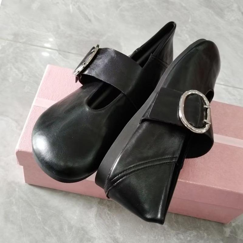 Mary Jane Shoes Women's Spring New Big Head Shoes Women's Retro Small Leather Shoes Belt Buckle One Pedal Casual Single Shoes