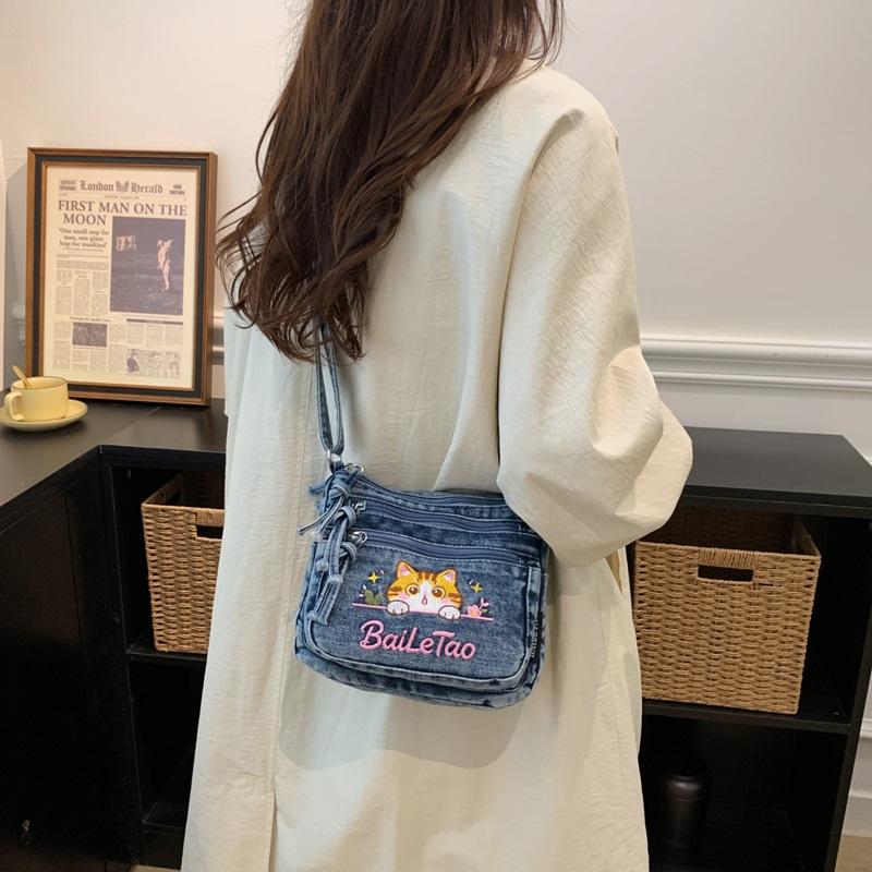 Koreanische Version Denim Crossbody-Tasche mit süßer Katzenstickerei – Verstellbarer Riemen, Kleine Sling-Tasche mit mehreren Taschen für Damen
