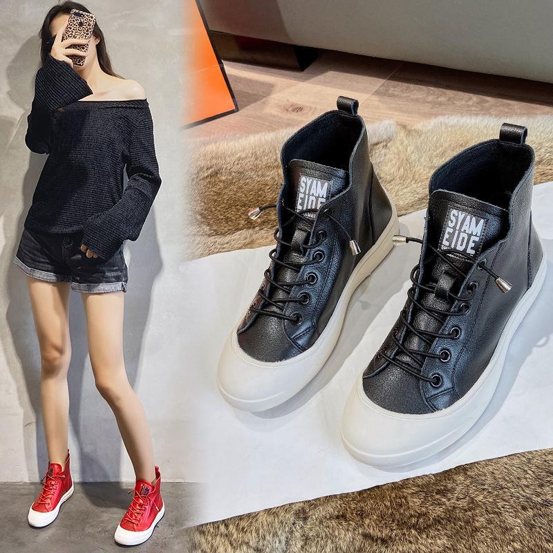 2025 spring and autumn new first-layer cowhide breathable high-top women's shoes Korean version fashion thick-soled one-pedal round-headed short boots