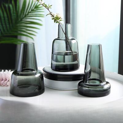 European Style Grey Glass Vase for Office Desk Dry Flower Hydroponic Home Decor Handmade