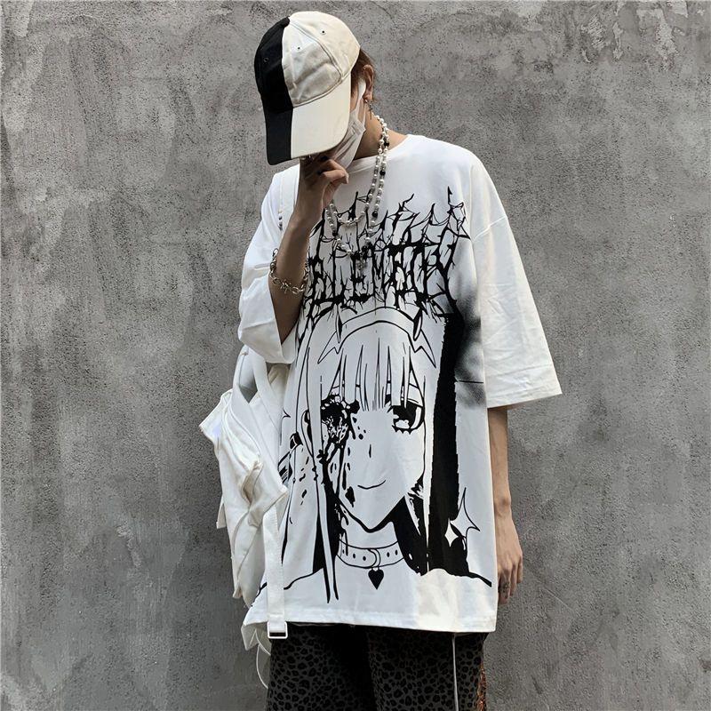 Men Anime T-shirt Summer Dark Tee High Street Gothic Skull Tshirt Loose Oversized Short-sleeved Tshirt Streetwear Top