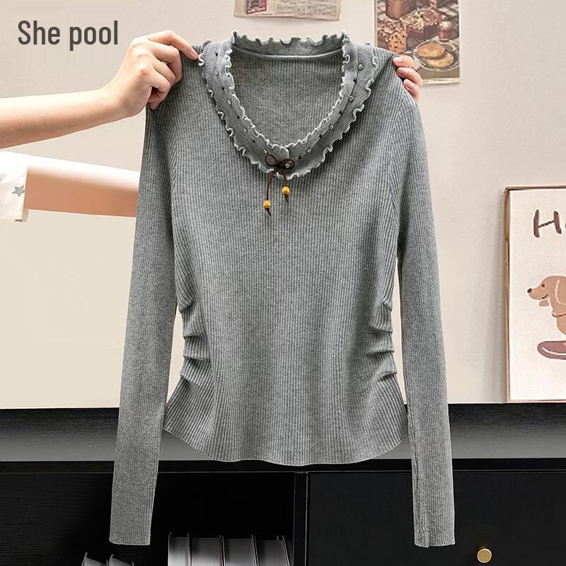 Women s Sparkling Ruffle Bow V-Neck Knit Top One Size