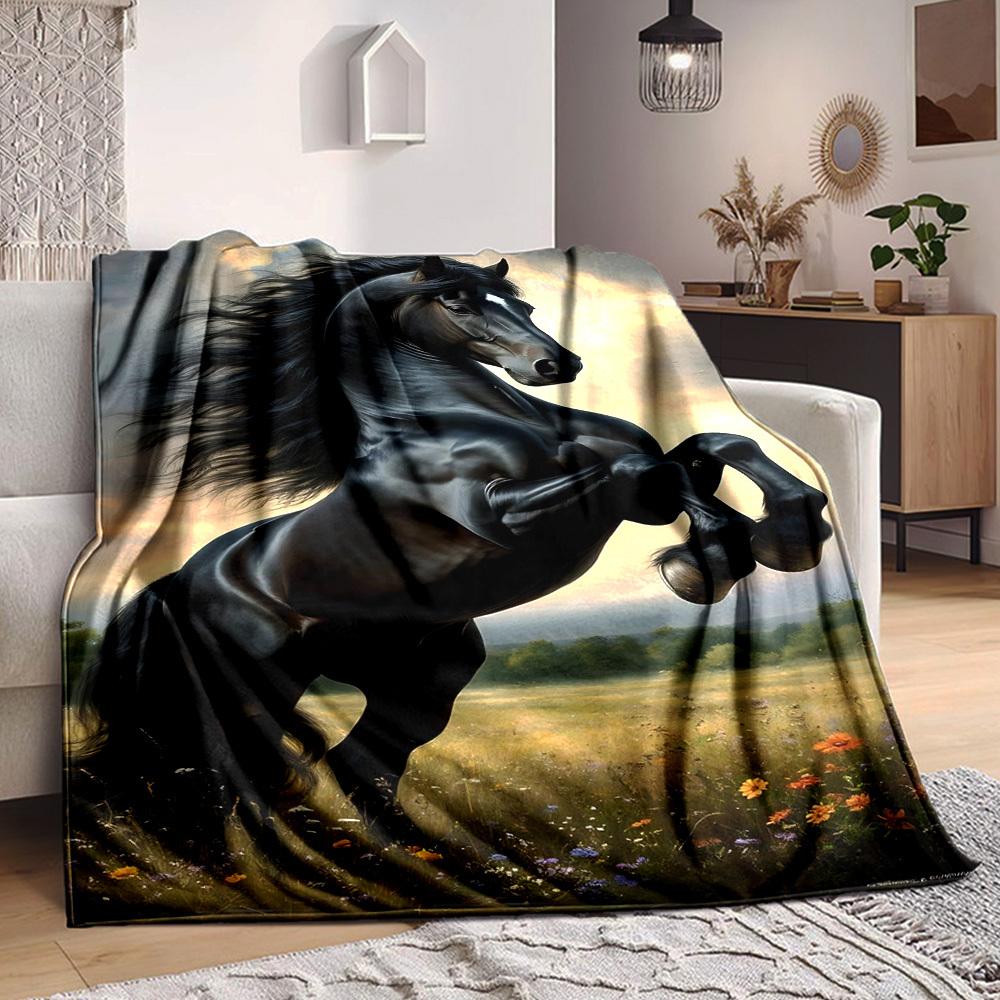 1pc Black Stallion Horse Blanket Lightweight Flannel Blanket Throw Blanket For Sofa, Bed, Travel, Camping, Livingroom, Office, Couch, Chair, And Bed y