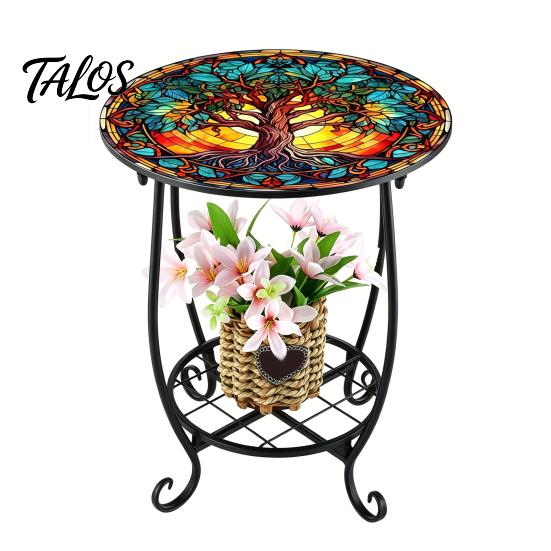 Mesa Lateral Externa Talos, Redonda Pequena Mosaico Pássaro Borboleta Acento de Pátio, Mesa de Apoio para Plantas Café Chá Interna para Quintal Varanda Jardim Sala de Estar, Quarto