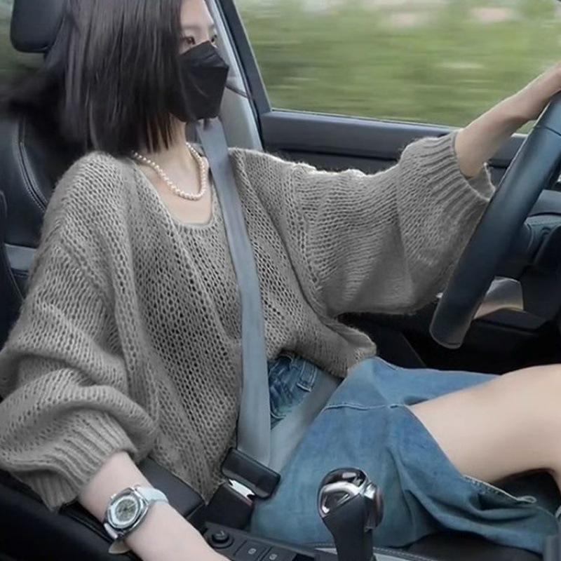 

Тонкий свитер женский однотонный ленивый стиль корейский вязаный свитер свободный повседневный свитер накидка осенний топ-тренд XL серый