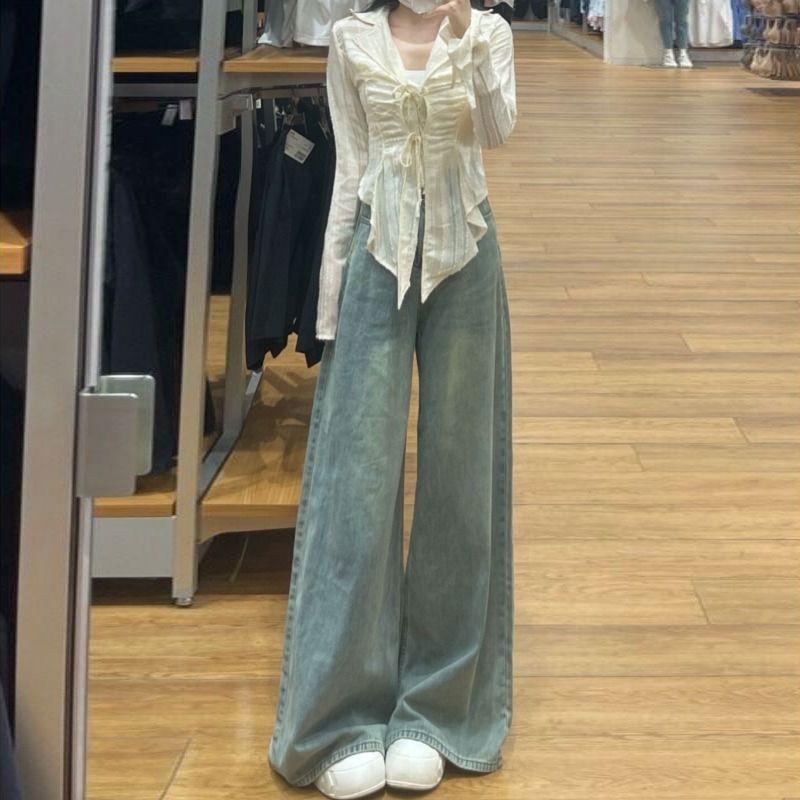 High-Waisted Straight Jeans Women Spring and Summer Thin Loose Drag Floor Pants Slim Wide-Leg Pants Retro Street Style Baggy Long Jeans for Ladies