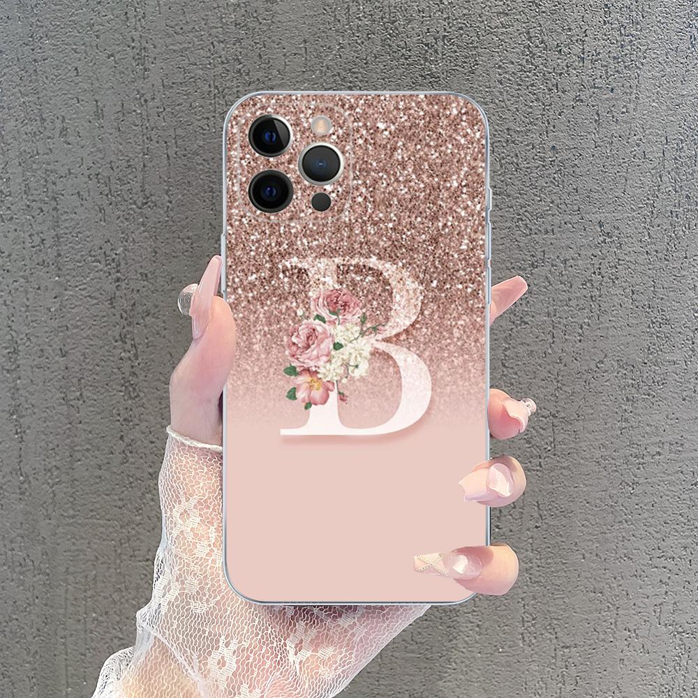 Letter Pink Shiny M R Clear Phone Case For IPhone 15 14 13 12 Mini 11 Pro XS Max X XR SE 6 7 8 Plus Soft Silicone Cover