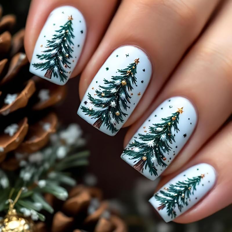 Christmas Press On Nails Medium Square Fake Nails with Gold Snowflake Christmas Tree Designs Xmas Red False Nail Acrylic Winter Snow Stick On Nail