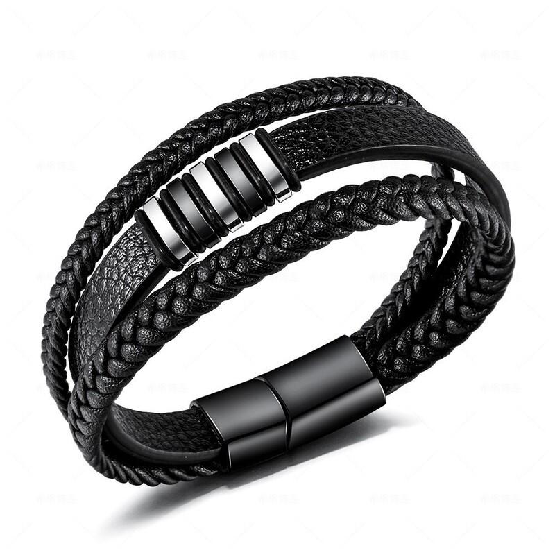 Mens Handwoven Leather Stainless Steel Bracelet Vintage Hip Hop Style Adjustable Length