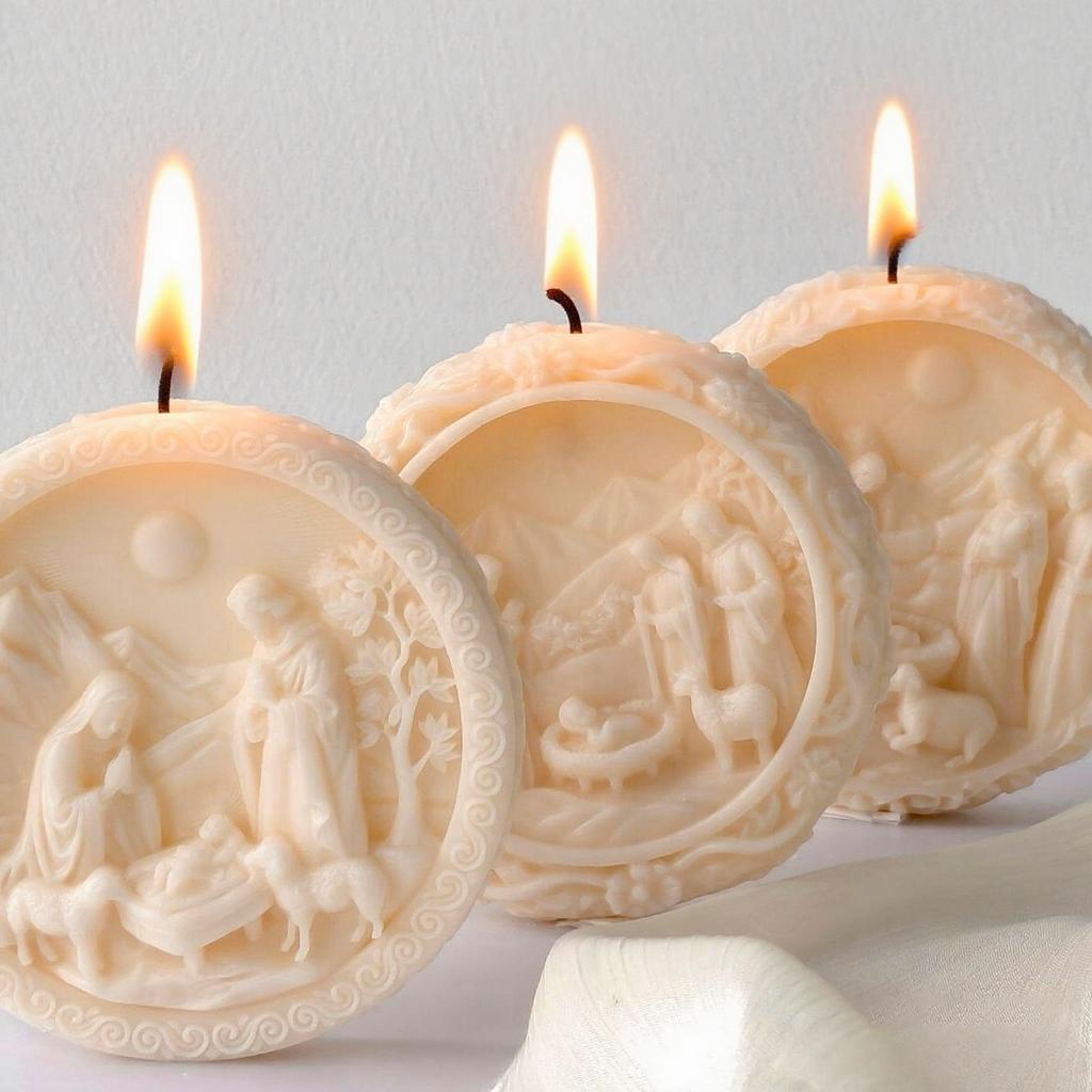 3D Nativity Scene Mold, Round Silicone Jesus Birth Candle Mould, Resin Fondant Gypsum Plaster Wax Soap Chocolate Crafting DIY