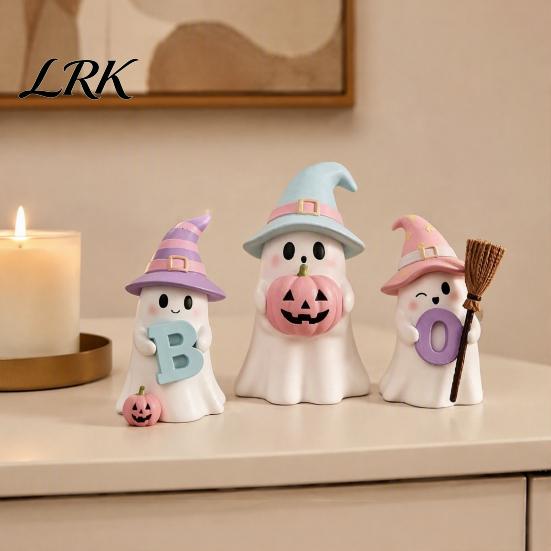 Decorative Figurines for Halloween 3Pcs Pink Ghost Figurines, Cute Spooky Resin Desk Decor with Pumpkin Tiered Tray BOO Letter, Sweet Tabletop