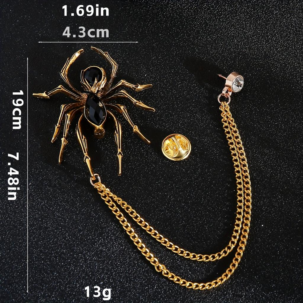 Golden & Silvery Alloy Spider Brooch Pins for Men | Vintage-Inspired Design, Faux Gemstone Embellished, Chain Necklace Accessory for Suits, Jackets