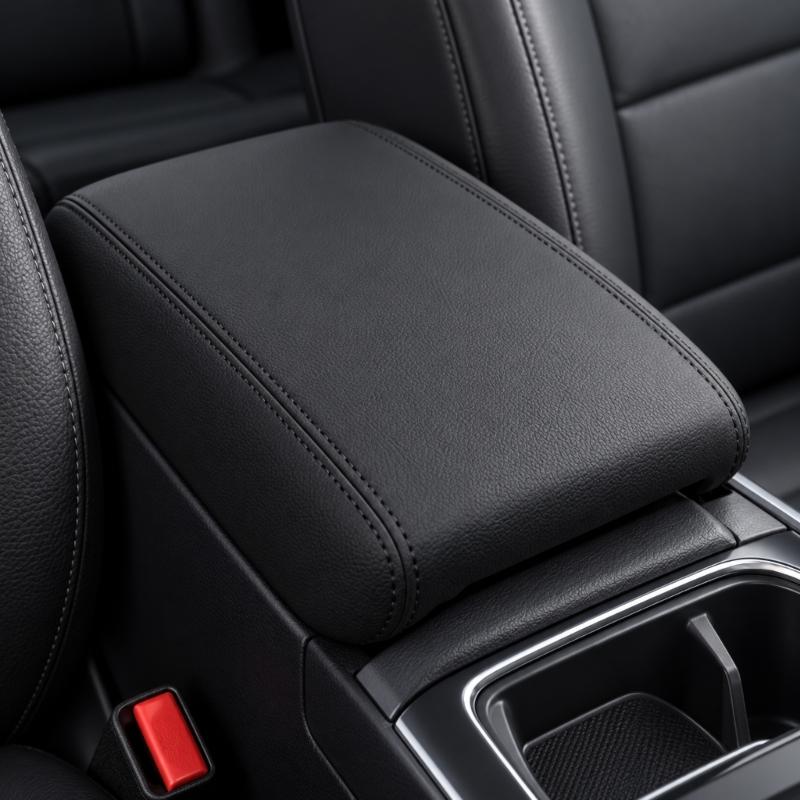 Black PVC Leather Armrest Lid Cover for 2007-2017 Center Consoles, Contoured Vehicle Cover with Rounded Panels and Visible Stitched Seams