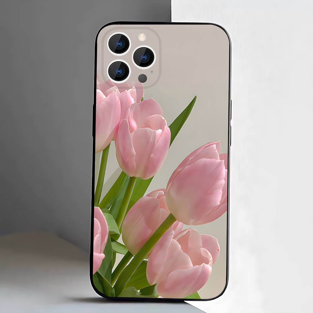 Tulip flower Phone Case For iPhone 17,16,15,14,13,12,Pro,Max,Plus,E,SE4,Air,Mini Black Soft Box