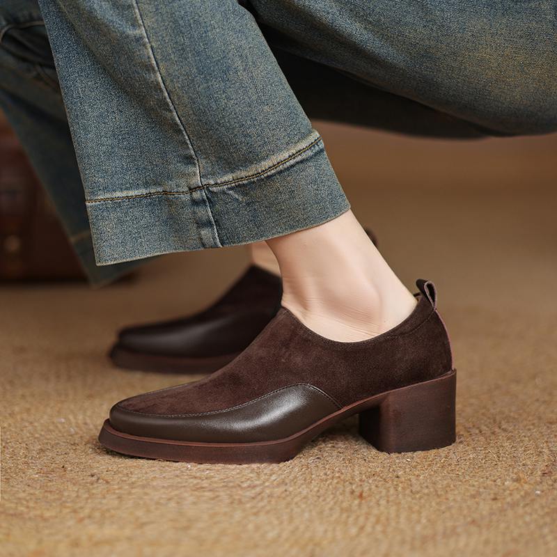 Krazing Pot Suede Autumn Winter Shoes Chunky Heels Size 43 Size 42 Round Toe Slip On Deep Mouth Retro Fashion Pumps