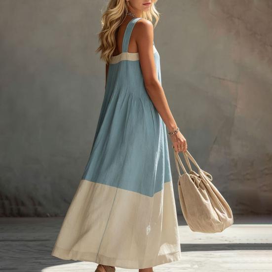 Huaqianguhh Summer Sleeveless Maxi Dress for Women, Color Block Square Neck A-line Long Dress, Casual Flowy Beach Vacation Sundress