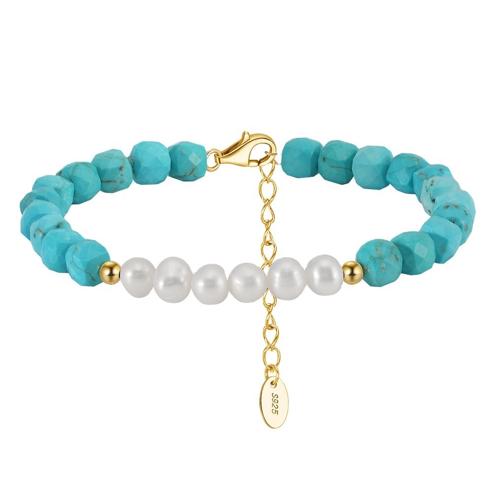 Simple S925 Sterling Silver Bracelet 4.8mm Turquoise Loop Chain Baroque Natural Freshwater Pearl Bracelet for Girls