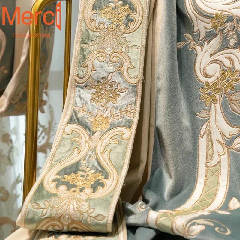 Luxury European Embroidered Thickened Blue Polyester Curtains Living Room Bedroom Lace Valance Tulle Curtain Light Blocking Ideal For Great