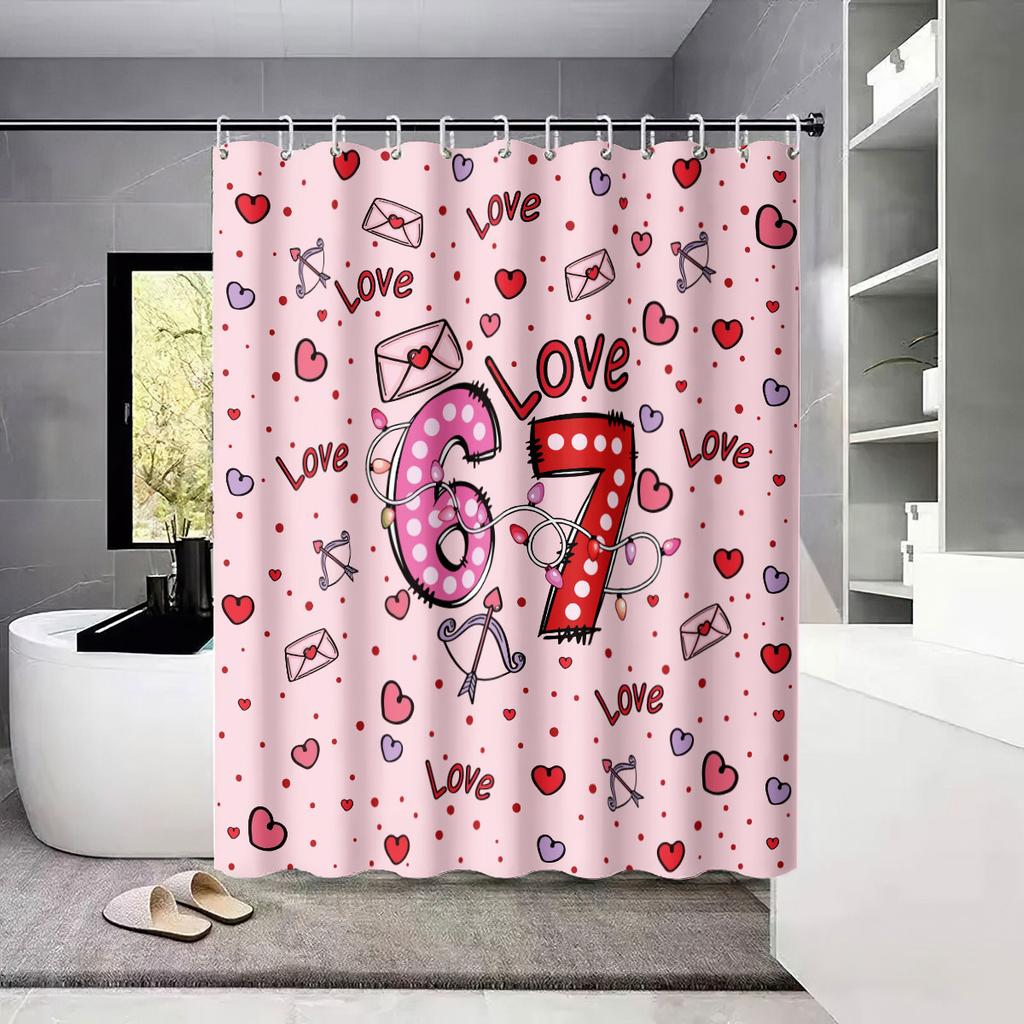 4pcs Valentine's Day Romantic 67 Element Printed Bathroom Set Waterproof Shower Curtain Floor Mat Toilet Mat U-shaped Mat