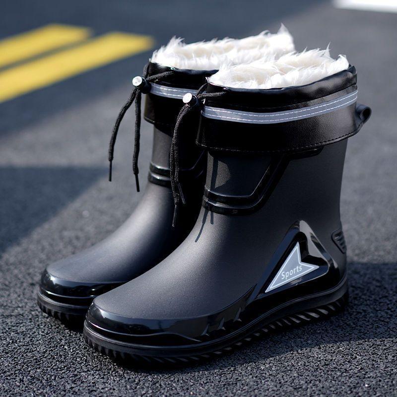 rain boots bundle waterproof rain shoes men's closed water boots non-slip work velvet cotton warm